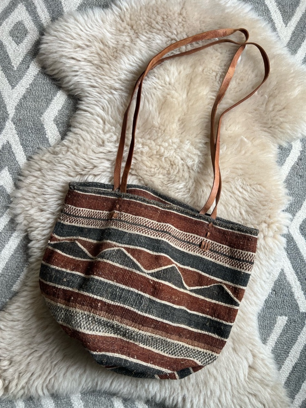 Sisal Baobab Handwoven Striped Tote Bag with Leather Straps